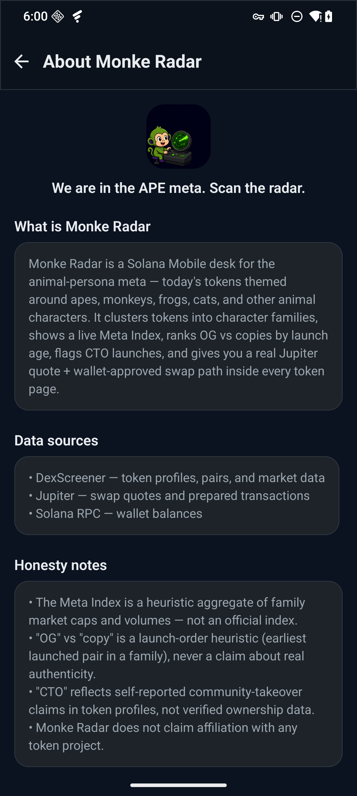 Fone Radar About and Sources screen