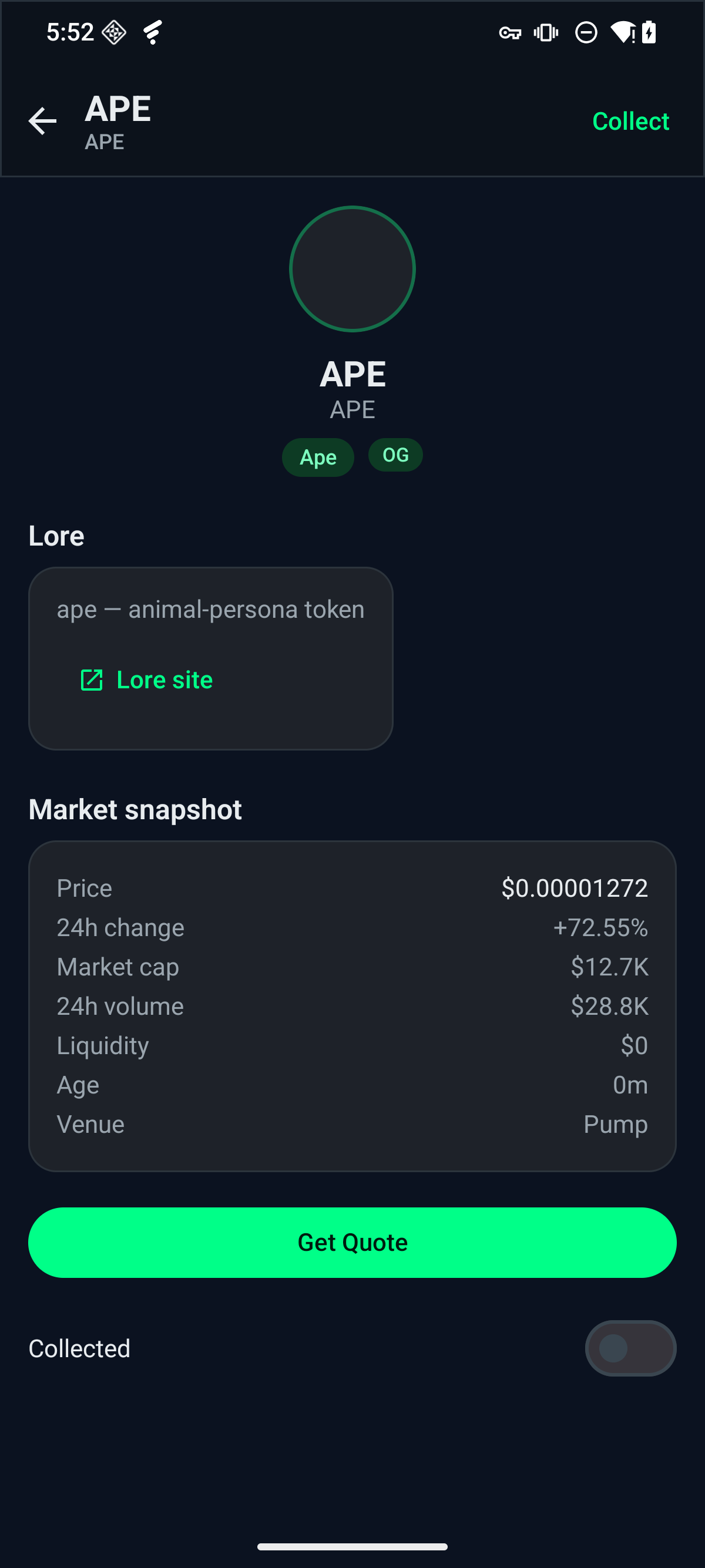Fone Radar character detail with lore, links, and collect toggle