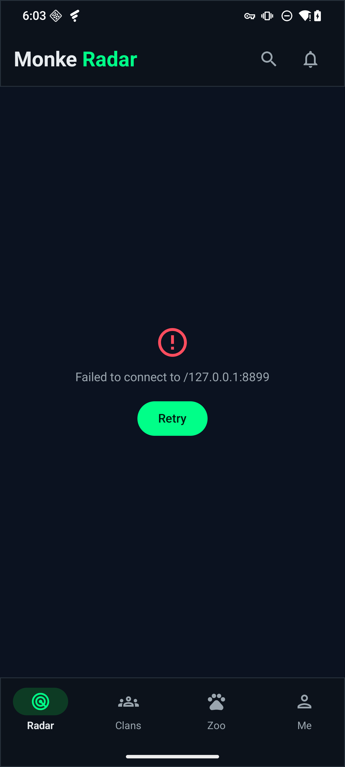 Fone Radar feed error state with retry