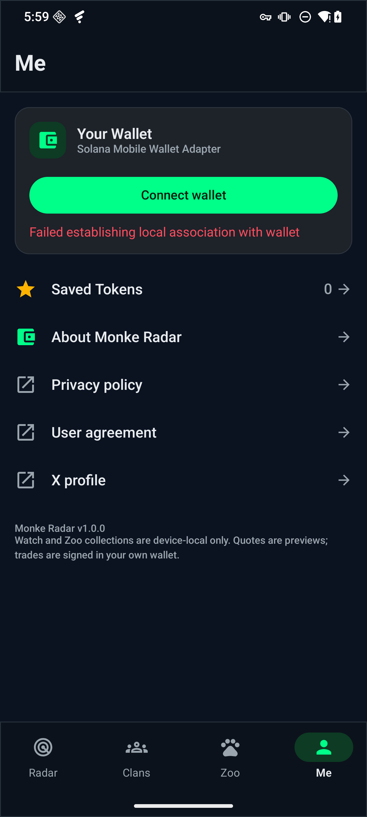 Fone Radar Me tab with wallet card and menu