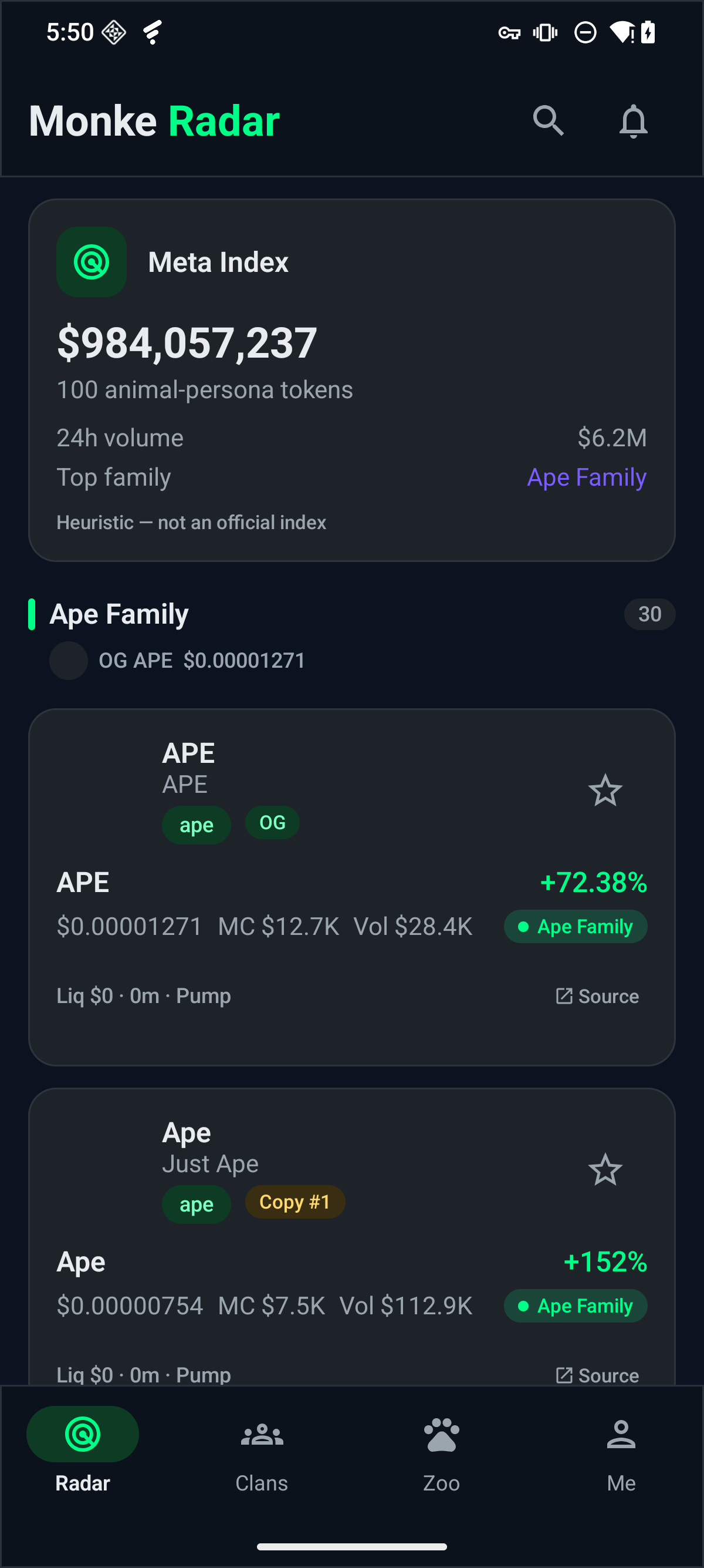 Fone Radar Radar tab showing the Meta Index header and family-clustered animal-persona feed