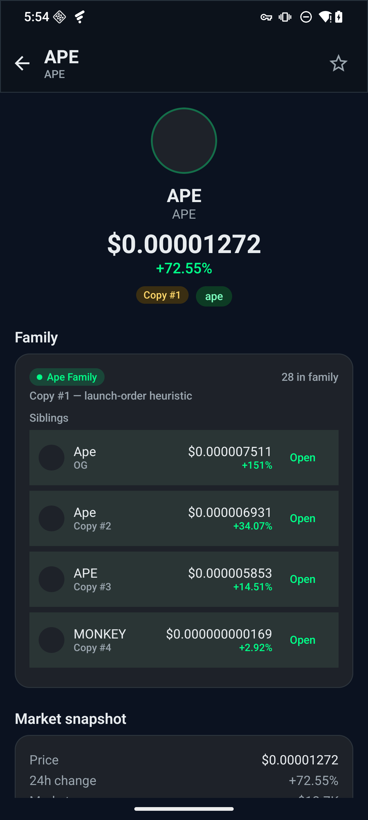 Fone Radar token detail hero with price, family context, and siblings