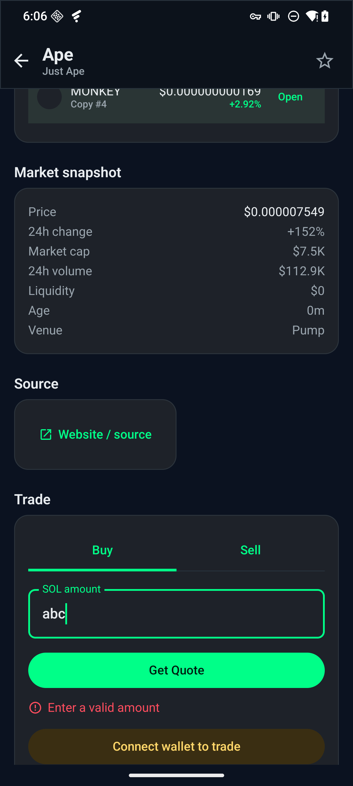 Fone Radar trade block with quote, review and approve in wallet flow